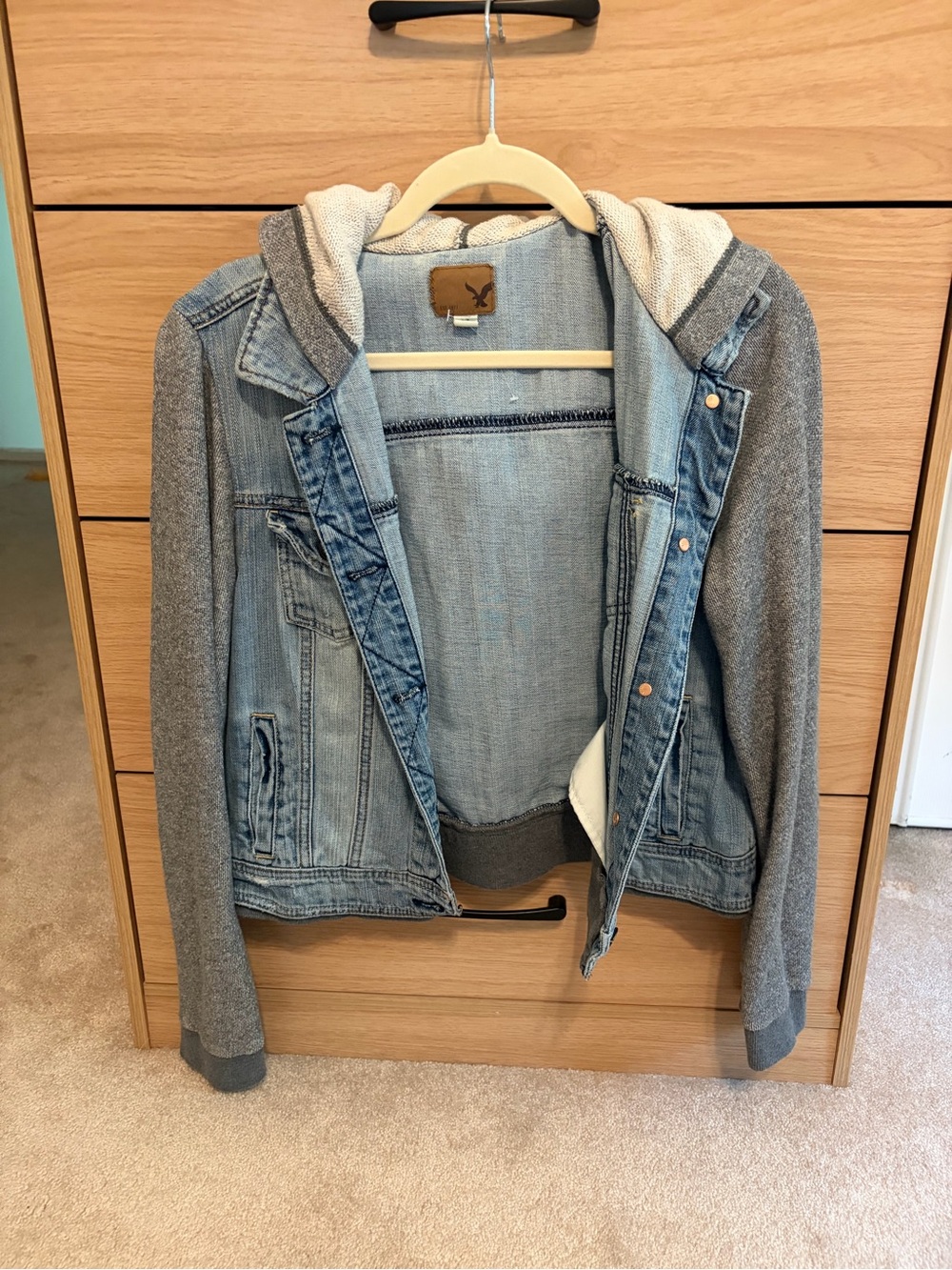 American Eagle Outfitters Light Blue Denim Jacket with Gray Hood and Trim